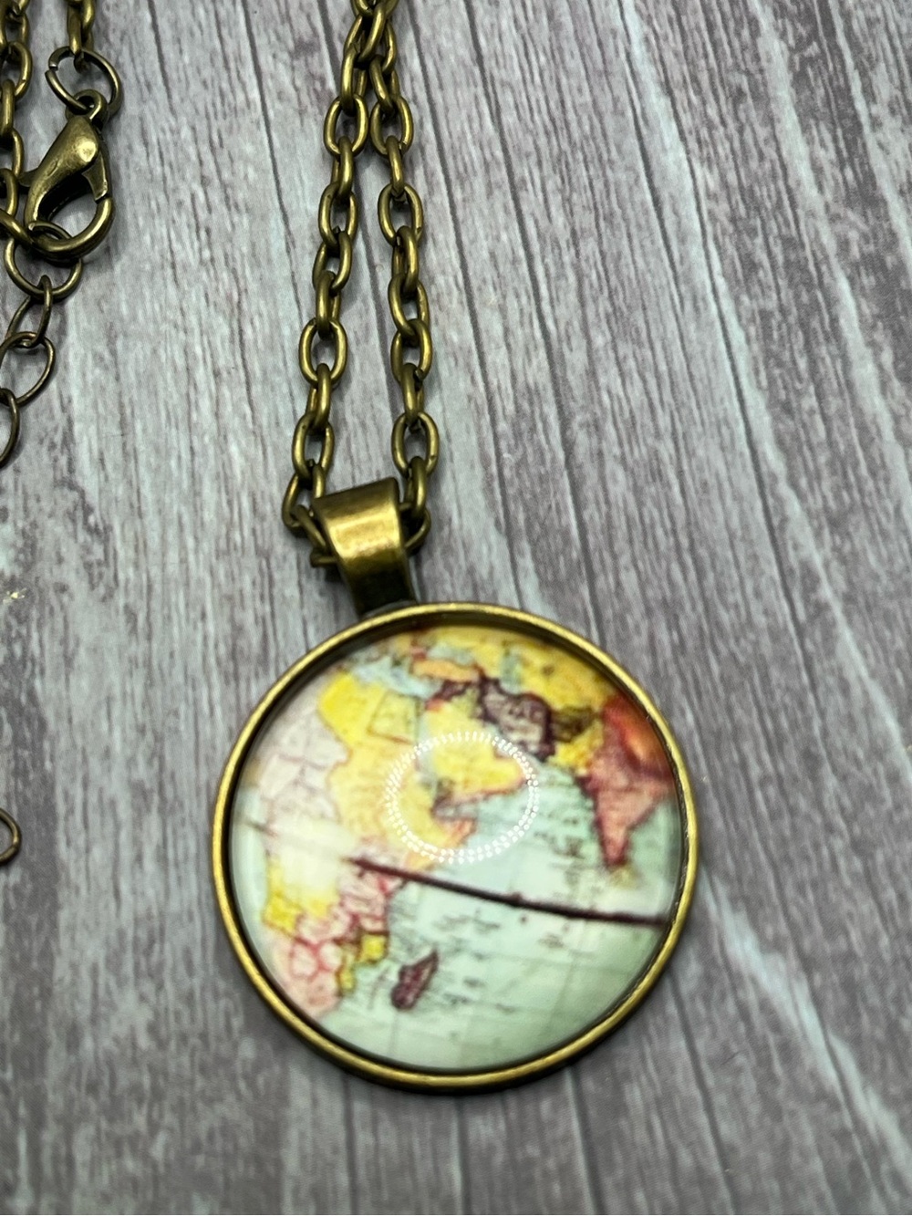Brass Globe Pendant Necklace Vintage inspired World Map Design Gold Multicolor